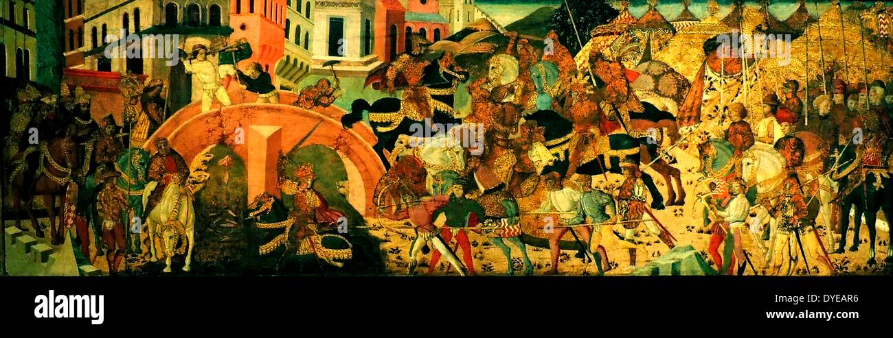 Horatius Cocles défendant le Sublician Bridge, Florence, c 1550, tempera sur panneau. Pièces de mobilier italien, particulièrement commodes (Cassoni), étaient souvent décorées avec des scènes de légendes et de l'antiquité classique. Bien que Cassoni ont été peintes par certains des artistes les plus importants, la plupart ont été produits par des peintres décoratifs anonyme. Ce panneau, de l'un de ces Cassoni, représente le général romain Horatius Cocles défendant le pont à Rome contre les Etrusques. Banque D'Images