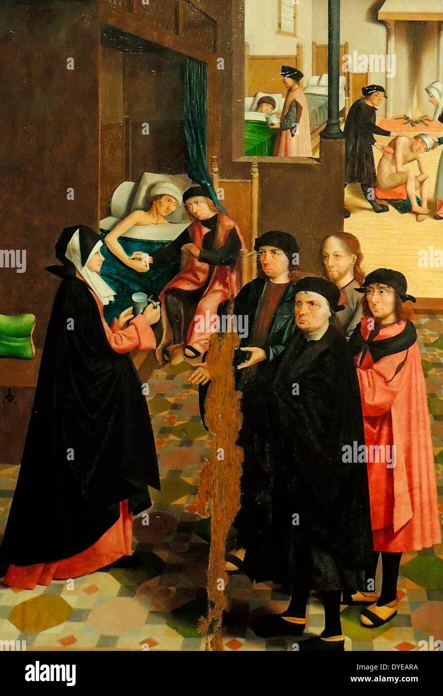 Les sept oeuvres de miséricorde par le maître d'Alkmaar (actif 1490-1510), Alkmaar, 1504, huile sur panneau. Une ville néerlandaise est la toile de fond de ce récit qui montre comment un bon chrétien devrait aider ceux qui en ont besoin. Christ se tient parmi les spectateurs dans presque chaque panneau. Les scènes donnent une impression de la société urbaine autour de 1500. Le travail a été gravement endommagée pendant l'iconoclasme de 1566, lorsque l'église catholique romaine ont été saccagées par les Protestants. Banque D'Images