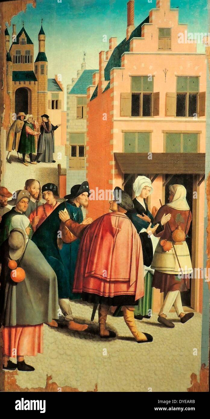 Les sept oeuvres de miséricorde par le maître d'Alkmaar (actif 1490-1510), Alkmaar, 1504, huile sur panneau. Une ville néerlandaise est la toile de fond de ce récit qui montre comment un bon chrétien devrait aider ceux qui en ont besoin. Christ se tient parmi les spectateurs dans presque chaque panneau. Les scènes donnent une impression de la société urbaine autour de 1500. Le travail a été gravement endommagée pendant l'iconoclasme de 1566, lorsque l'église catholique romaine ont été saccagées par les Protestants. Banque D'Images