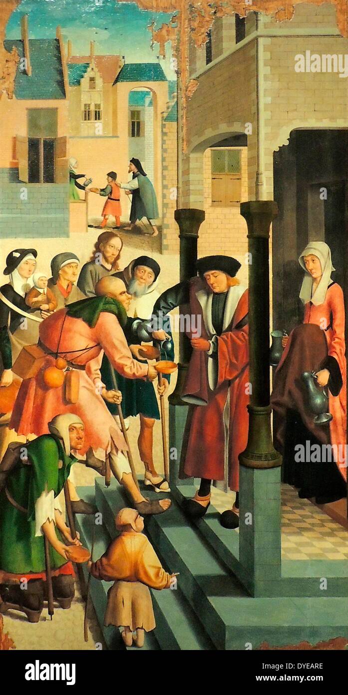 Les sept oeuvres de miséricorde par le maître d'Alkmaar (actif 1490-1510), Alkmaar, 1504, huile sur panneau. Une ville néerlandaise est la toile de fond de ce récit qui montre comment un bon chrétien devrait aider ceux qui en ont besoin. Christ se tient parmi les spectateurs dans presque chaque panneau. Les scènes donnent une impression de la société urbaine autour de 1500. Le travail a été gravement endommagée pendant l'iconoclasme de 1566, lorsque l'église catholique romaine ont été saccagées par les Protestants. Banque D'Images