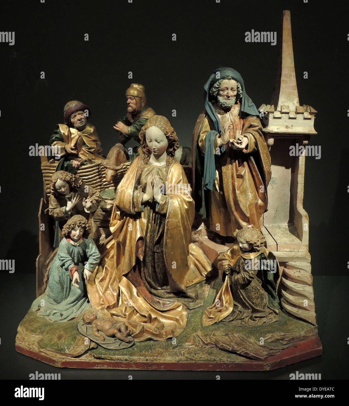 Le Christ dans la maison de Marie et Marthe. La dernière Cène. La Cène à Emmaüs. Ulm, c.1520. Avec de vieux bois polychromie. Ces trois groupes représentent des scènes de la vie du Christ dans lequel il apparaît lors d'un repas table. Ils ont à l'origine faisait partie de la prédelle (zone inférieure) d'un grand autel sculpté. Les trois scènes de table se reporter à la célébration de la messe, quand le pain et le vin sont présentés à l'autel comme le corps et le sang du Christ. Banque D'Images