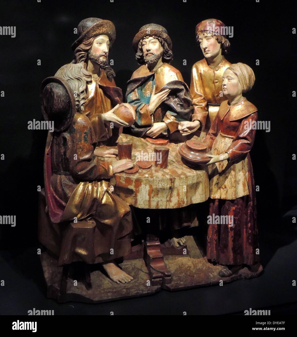 Le Christ dans la maison de Marie et Marthe. La dernière Cène. La Cène à Emmaüs. Ulm, c.1520. Avec de vieux bois polychromie. Ces trois groupes représentent des scènes de la vie du Christ dans lequel il apparaît lors d'un repas table. Ils ont à l'origine faisait partie de la prédelle (zone inférieure) d'un grand autel sculpté. Les trois scènes de table se reporter à la célébration de la messe, quand le pain et le vin sont présentés à l'autel comme le corps et le sang du Christ. Banque D'Images