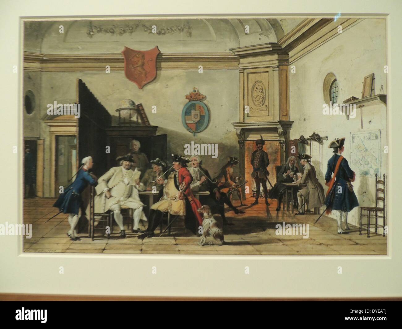 Un rassemblement d'Amateurs d'un Art Affichage par Cornelius Troost (1696-1750) craie noire, grise et noire, rehaussée de lavage blanc, sur papier bleu, c1740. La collecte de dessins est devenue à la mode au cours du 18e siècle. Ils ont été gardées comme les feuilles dans des albums et des portefeuilles. Cette recherche a mené à la création de petites associations, dont les membres se réuniraient dans les homes d'étudier et d'admirer leurs collections. Troost a ici représenté une telle rencontre. Les albums avec les dessins et estampes étaient stockées dans l'art cabinet contre le mur arrière. Banque D'Images