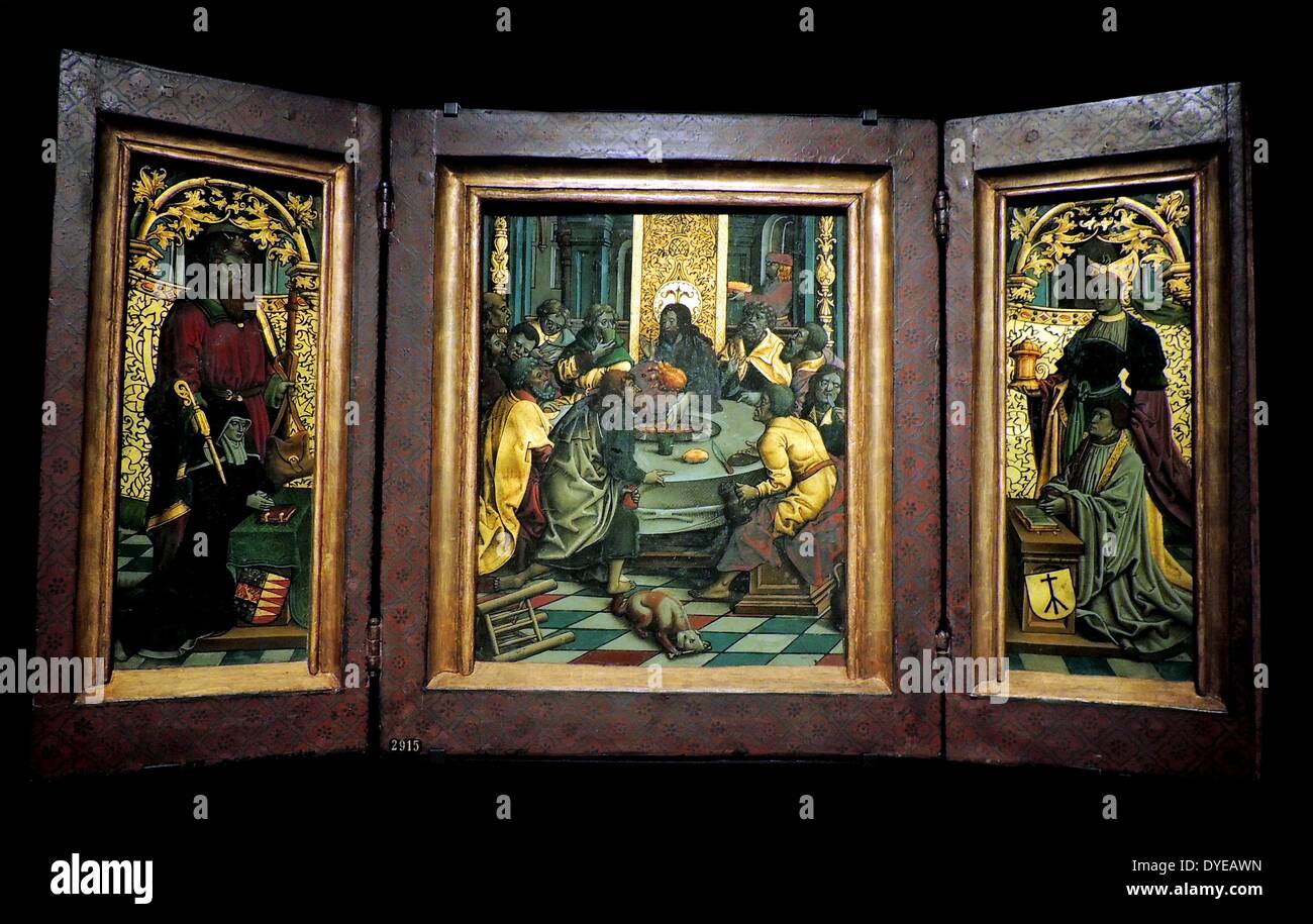 Triptyque avec la Dernière Cène et les donateurs cercle de Jacob Cornelisz van Oostsanen, Jacob alias War van Amsterdam (ch. 1472/77 - en 1533 ou avant). Ce triptyque est le plus ancien connu et mieux conservés . Il est encore dans son cadre original. Les donateurs sont représentés sur les ailes Banque D'Images