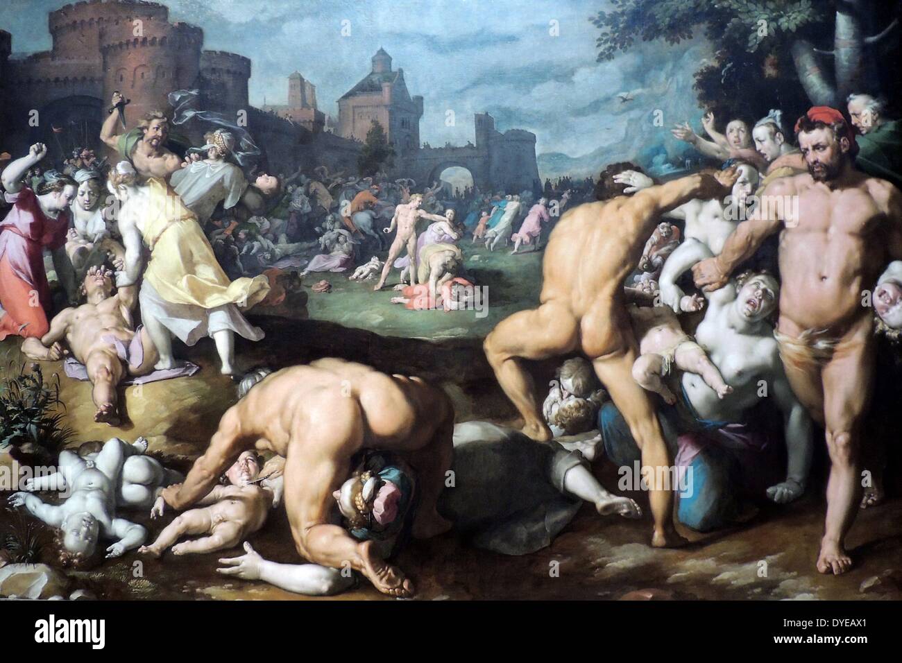 Le Massacre des Innocents de Cornelis Cornelisz van Haarlem (1562-1638) huile sur toile, 1590. Lorsque Hérode, roi de Judée, appris qu'un enfant destine à devenir "roi des Juifs" serait né à Bethléem, il a ordonné l'abattage de tous les garçons de moins de deux ans. Le peintre dépeint le massacre comme un horrible cauchemar. L'horreur fait suite à l'horreur : en bas à gauche un soldat slits un enfant, tandis que la gorge au-dessus d'eux une femme d'un soldat des gouges les yeux. Banque D'Images