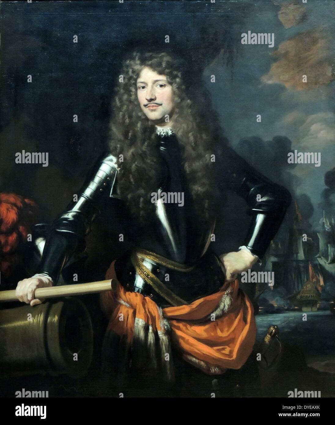 Cornelius Evertsen, lieutenant-amiral de Zélande à Nicolaes MAES (1634-1693) huile sur toile, 1680. Cornelius Evertsen le plus jeune (1642-1706) venait d'une vraie famille de marins. Comme lui, son père et son oncle étaient les deux lieutenant-amiraux. Tous les trois ont servi à l'Amirauté de Zélande, une partie importante de la marine néerlandaise. Evertsen est également un fervent partisan de la maison d'Orange, comme son écharpe révèle. Banque D'Images