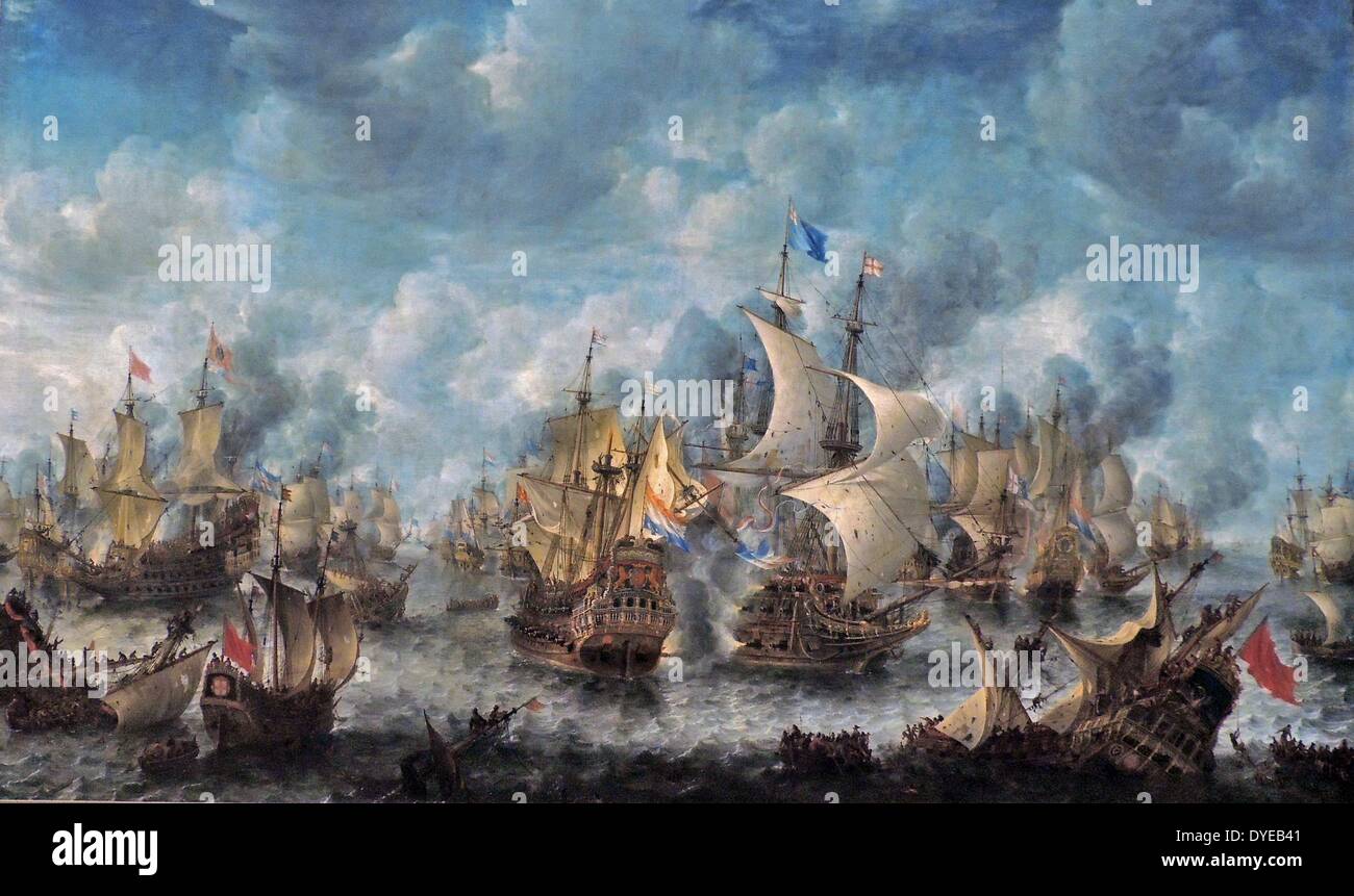 La bataille de Terheide par Jan Abrahamsz Beerstraten (1622-1666) huile sur toile - 1653-1666. Entre 1652 et 1674, trois guerres navales ont été livrées avec l'Angleterre - la soi-disant guerre anglo-néerlandaise. Cette peinture représente la bataille de Terheide le 10 août 1653. Dans le centre est le plus grand navire de la flotte néerlandaise, le Brederode, commandée par l'amiral Tromp Harpertsz Maerten. C'est tirer ses canons sur un bateau anglais. La République néerlandaise a gagné la bataille mais perdu son commandant Tromp, qui a été mortellement blessé. Banque D'Images