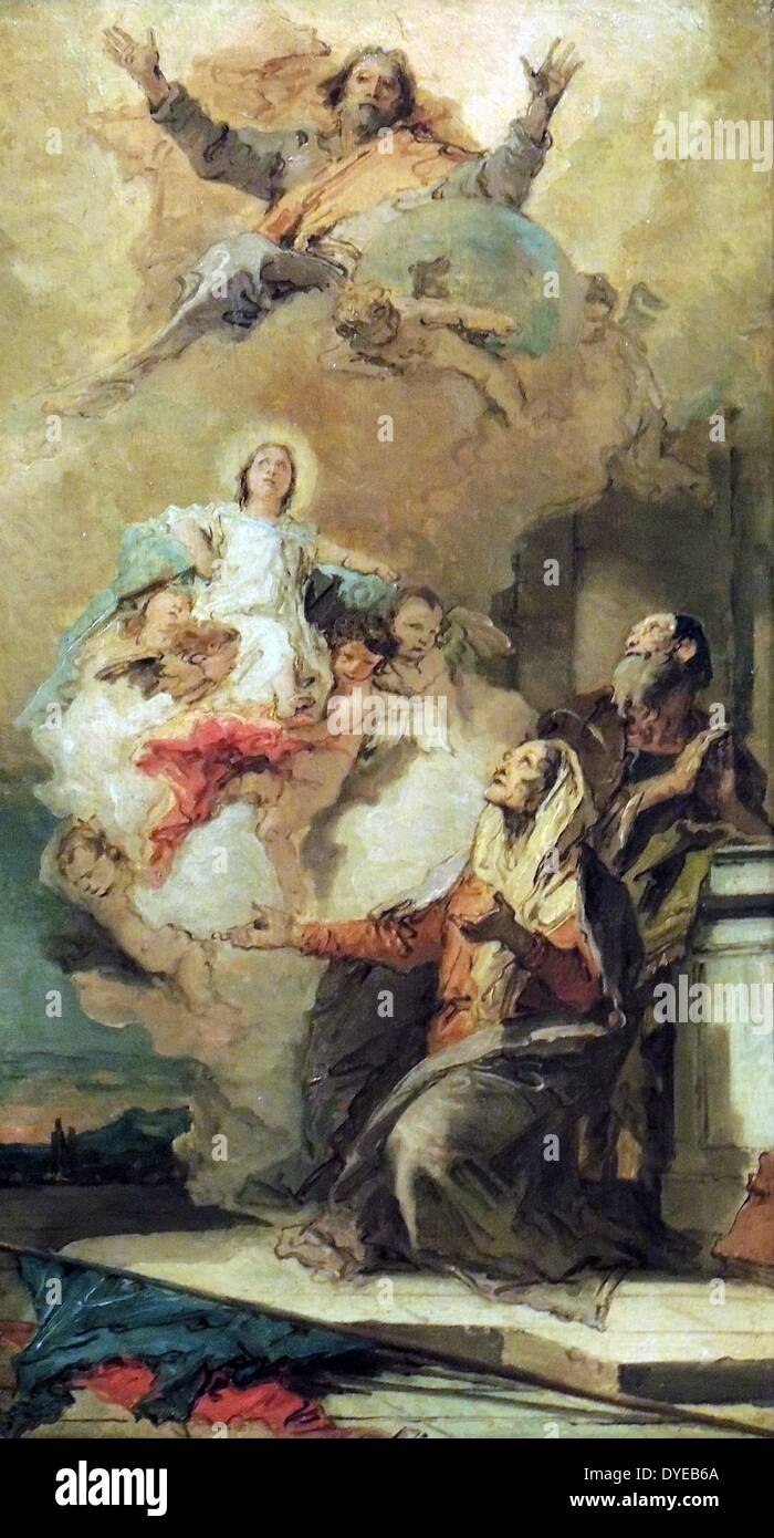 L'Immaculée Conception (Dieu envoie la Vierge Marie à Joachim et Anne) de Giovanni Battista Tiepolo (1696-1770) huile sur toile, c. 1757-1759. Il s'agit d'une étude pour un grand retable. L'objet, Mary's naissance vierge (l'Immaculée Conception) est rarement représentées si littéralement. Dieu offre le taux de Marie du ciel directement à ses parents, Anne et Joachim. Esquisses à l'huile de Tiepolo ont été félicités pour leur brushworks couramment et les couleurs riches. Il a été parmi les premiers peintres à produire ce genre de croquis comme œuvres d'art indépendantes. Banque D'Images