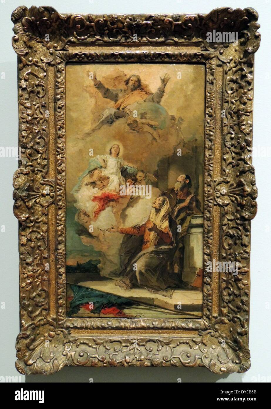 L'Immaculée Conception (Dieu envoie la Vierge Marie à Joachim et Anne) de Giovanni Battista Tiepolo (1696-1770) huile sur toile, c. 1757-1759. Il s'agit d'une étude pour un grand retable. L'objet, Mary's naissance vierge (l'Immaculée Conception) est rarement représentées si littéralement. Dieu offre le taux de Marie du ciel directement à ses parents, Anne et Joachim. Esquisses à l'huile de Tiepolo ont été félicités pour leur brushworks couramment et les couleurs riches. Il a été parmi les premiers peintres à produire ce genre de croquis comme œuvres d'art indépendantes. Banque D'Images