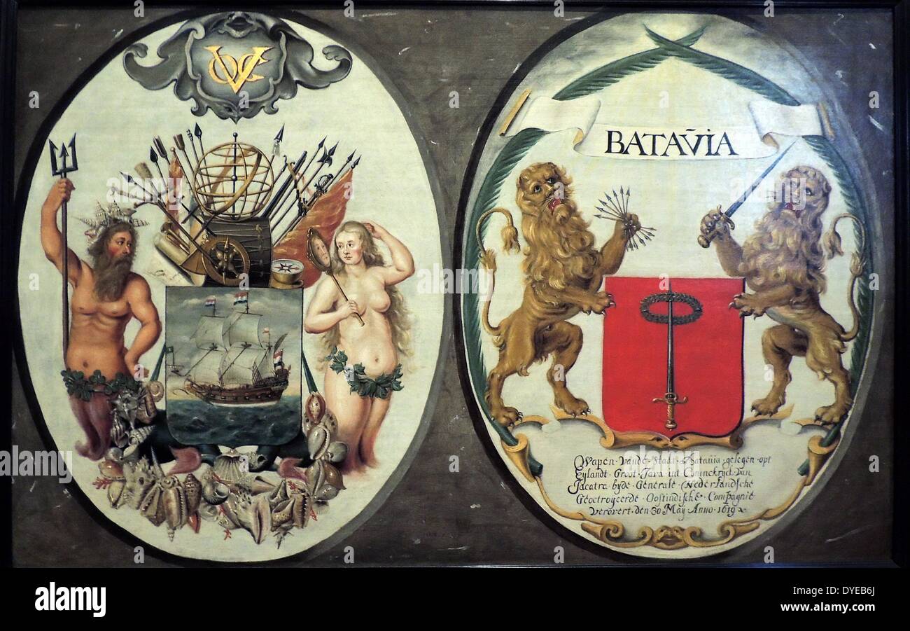 Les bras de la Dutch East India Company et de la ville de Batavia par Jeronimus Becx (actif c. 1649-1658) huile sur panneau, 1651. Ces protections sont les armes de la Dutch East India Company, ornés de Neptune et une sirène, et ceux de Batavia, flanqué de Dutch lions. Selon l'inscription sur ce dernier, la ville de Jakarta (Jakarta) est maintenant 'a conquis le 30 mai de l'an 1619". La même année, Gouverneur général Jan Pietersz Coen a renommé Batavia et construit un château avec les chantiers navals, des entrepôts et des bureaux. Banque D'Images