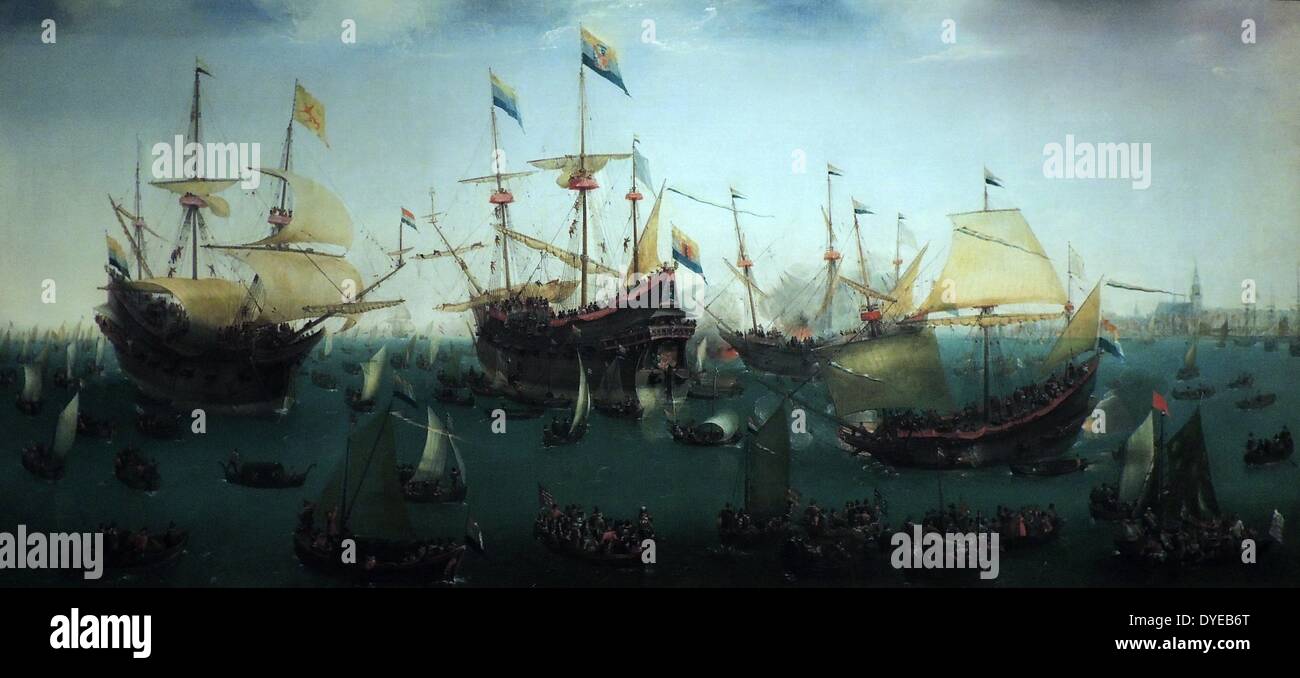 Le retour à Amsterdam de la seconde expédition pour les Indes orientales par Hendrik Cornelis Vroom (1566-1640) huile sur toile 1599. Sous le commandement de Jacob Cornelisz van Neck, huit navires néerlandais met les voiles vers les Indes en 1598. Les quatre premiers de rentrer de Bantam (Java) un an plus tard, le 19 juillet 1599. Les autres navires ont navigué vers les Moluques (Maluku Islands). Ils ont aussi renvoyé sain et sauf, en charge avec la muscade, le macis et de girofle. Banque D'Images