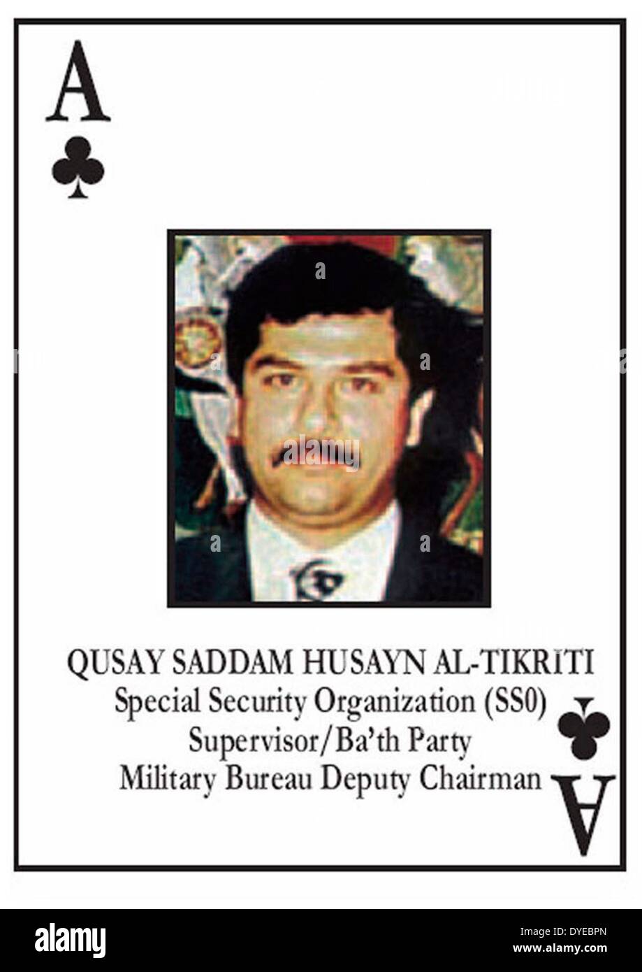 Ace of Clubs l'un des 52 cartes émises par les forces américaines l'invasion de l'Irak en 2003. Chaque carte représentait une cible clé pour saisir dans le régime irakien. Cette carte montre Qusay Saddam Hussein al-Tikriti (17 mai 1966 - 22 juillet 2003) le deuxième fils de président irakien Saddam Hussein. Il a été désigné comme son héritier du père en 2000. Banque D'Images
