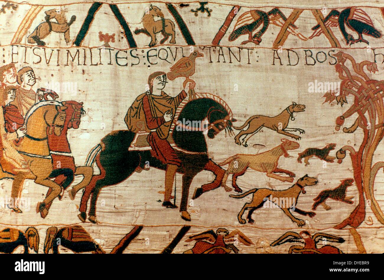 Scène de la Tapisserie de Bayeux un tissu brodé de près de 70 mètres (230 pi) de long, qui dépeint les événements menant à la conquête normande de l'Angleterre Concernant William, duc de Normandie et Harold, comte de Wessex, plus tard le roi d'Angleterre, et aboutissant à la bataille de Hastings en 1066 Banque D'Images