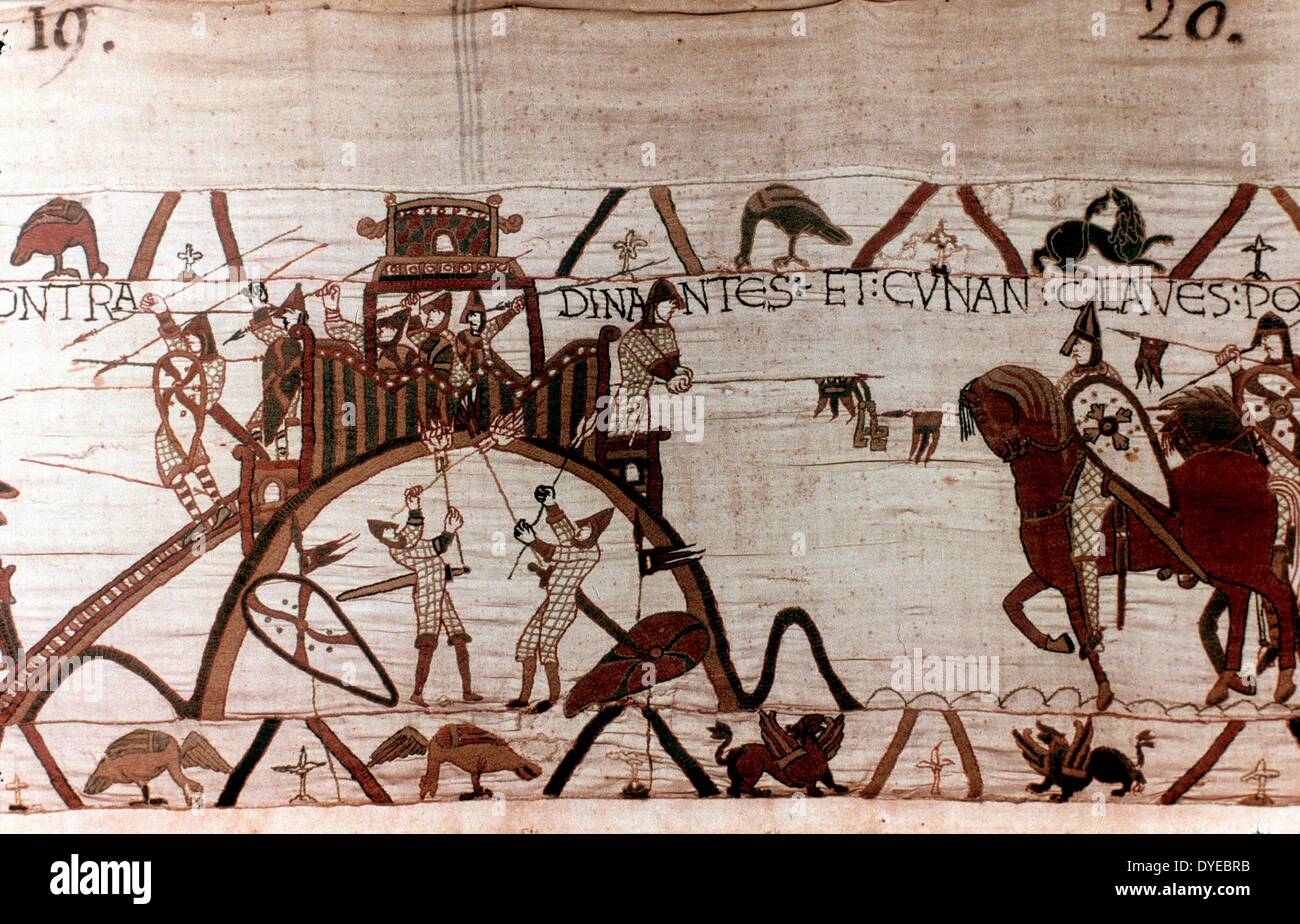 Scène de la Tapisserie de Bayeux un tissu brodé de près de 70 mètres (230 pi) de long, qui dépeint les événements menant à la conquête normande de l'Angleterre Concernant William, duc de Normandie et Harold, comte de Wessex, plus tard le roi d'Angleterre, et aboutissant à la bataille de Hastings en 1066 Banque D'Images