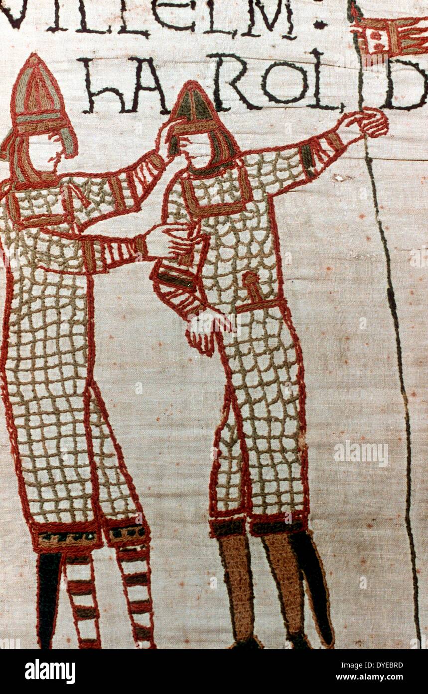 Scène de la Tapisserie de Bayeux un tissu brodé de près de 70 mètres (230 pi) de long, qui dépeint les événements menant à la conquête normande de l'Angleterre Concernant William, duc de Normandie et Harold, comte de Wessex, plus tard le roi d'Angleterre, et aboutissant à la bataille de Hastings en 1066 Banque D'Images