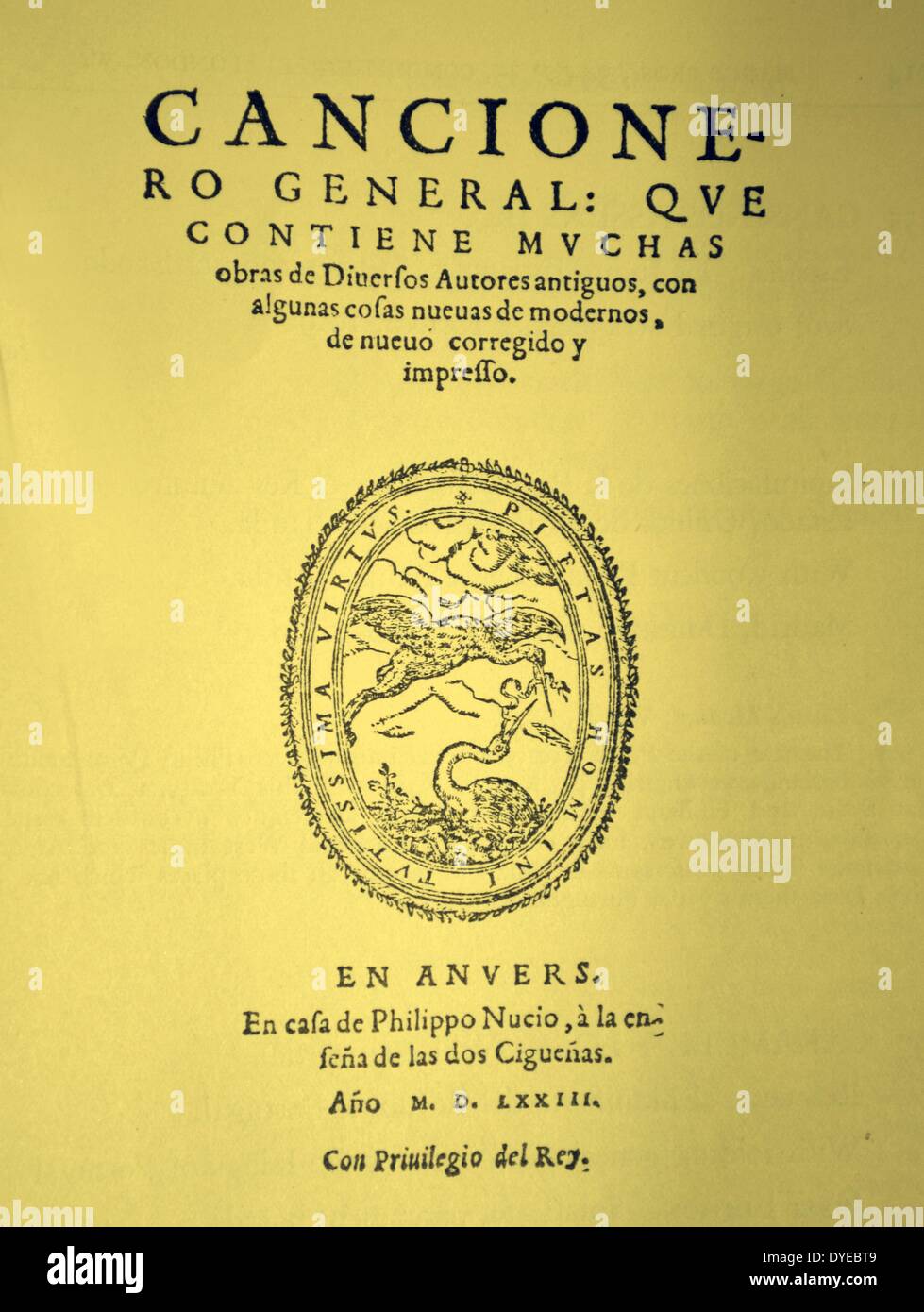 Page de titre de Cancionero Général. Anvers, Philip Nutius. Datée 1573 Banque D'Images