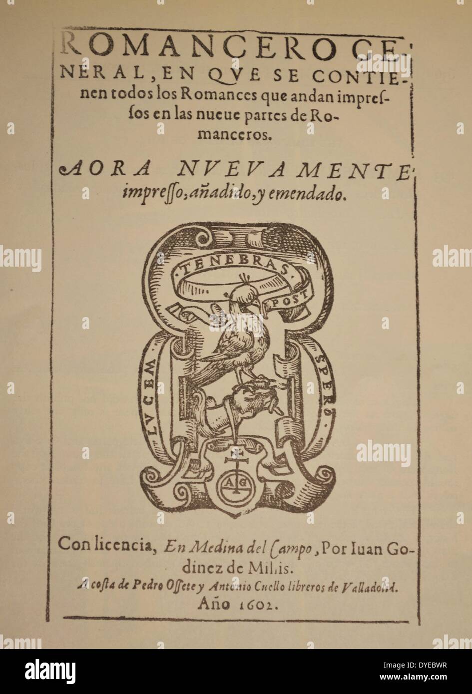 Page de titre de Romancero Général. Medina del Campo. Datée 1602 Banque D'Images