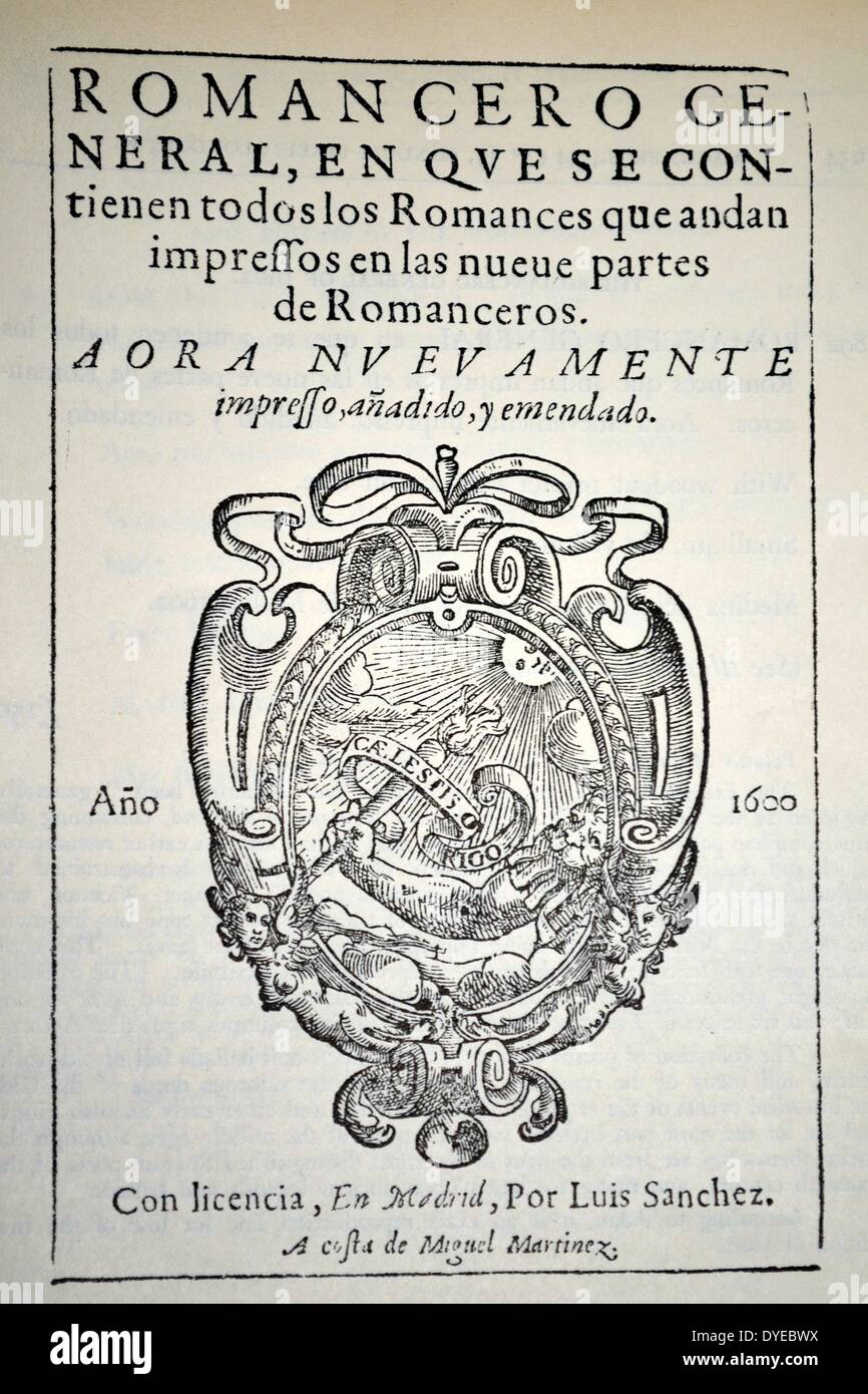 Page de titre de Romancero Général. Madrid, Luis Sanchez. Datée 1600 Banque D'Images