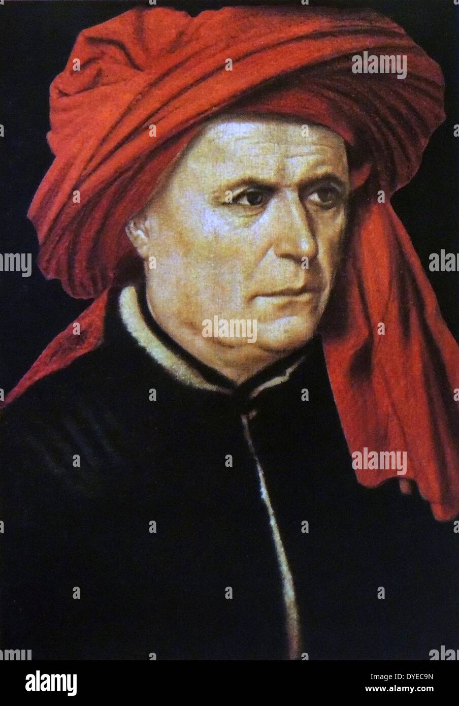 Portrait grandeur nature d'un homme portant un manteau noir et rouge foncé avec un turban. Par un peintre flamand inconnu. Banque D'Images