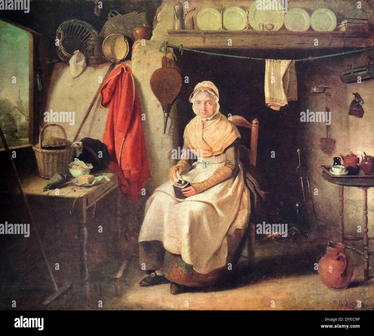 Gîte de l'intérieur, illustre une vieille dame s'assit sur une chaise le polissage l'élément dans ses mains. Par Maritain William Biggs (1755 - 1828) peintre français. Datée 1787 Banque D'Images