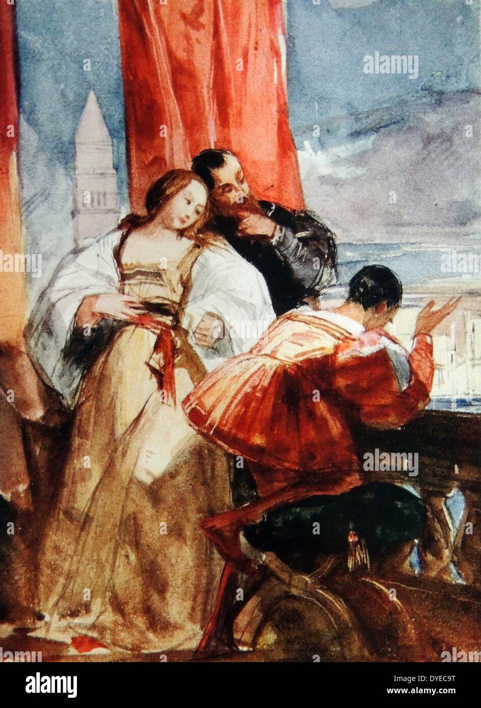 L'aquarelle intitulée "sur le Balcon". Le tableau représente deux hommes et une jeune femme, tous de fond noble, donnant sur un balcon à Venise. Par Giuseppe de Nittis (1802 - 1828) peintre romantique anglais. Datée 1825 Banque D'Images