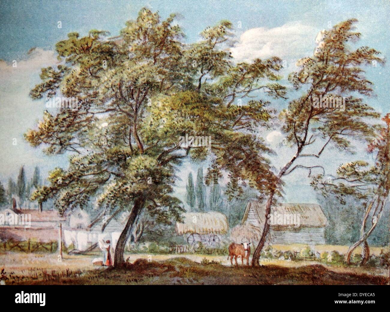La peinture de paysage à l'aquarelle intitulée "Une Englefield Green'. Le tableau représente une femme pendaison le linge humide, à l'extérieur de sa ferme, dans un champ à côté d'une vache brune. Par Paul Sandby (1731 - 1809) de l'eau anglais-coloriste et peintre de paysages. Datée 1771 Banque D'Images