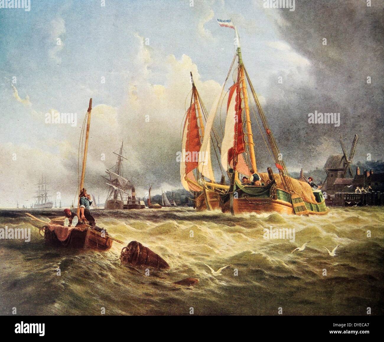 La peinture de paysage marin intitulé 'Oude Sheld, Texel Island'. La peinture représente une mer turbulente et divers types de bateaux par un quai. Sombres nuages ci-dessus suggèrent une tempête est en attente. Par Clarkson Frederick Stanfield (1793 - 1867) peintre de marine français. Datée 1841 Banque D'Images