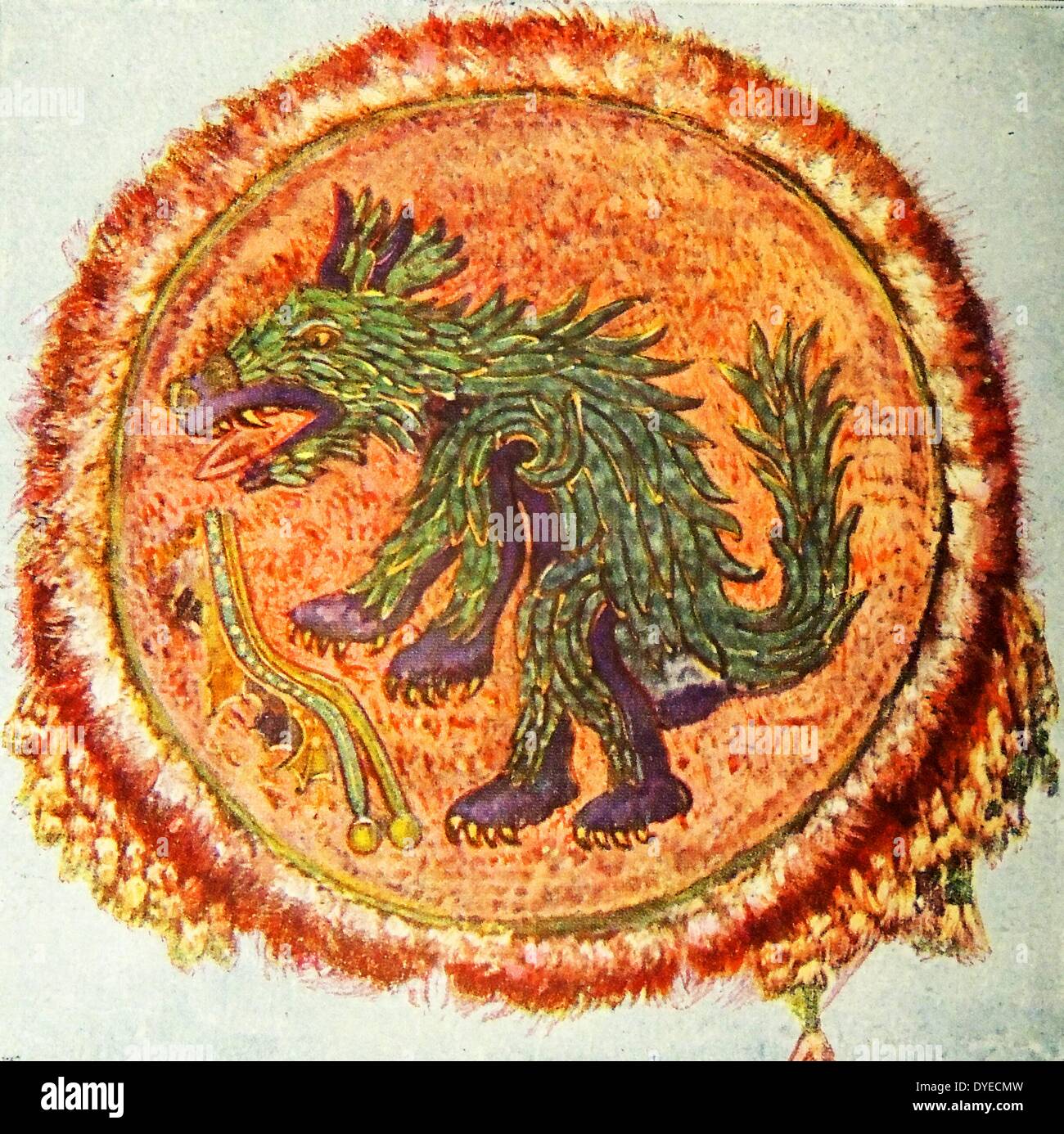Une plume mexicain-mosaïque avec ce qui ressemble à un dragon de feu de respiration dans le centre. Date inconnue Banque D'Images