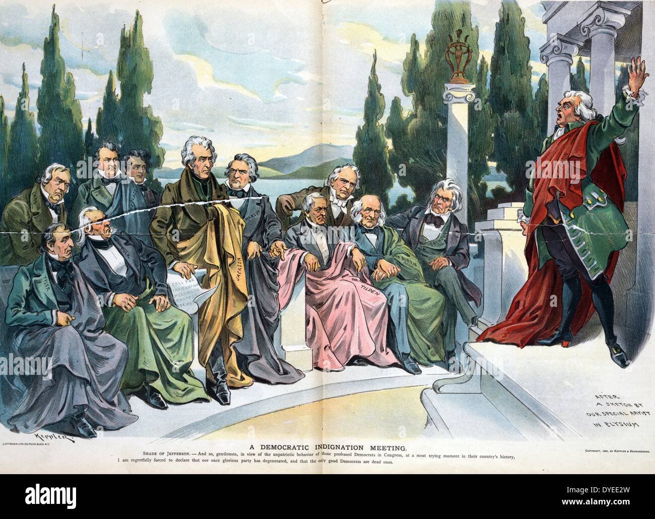Une Indignation démocratique 1899 Réunion de mars. Imprimer de Thomas Jefferson s'adressant à un rassemblement de fantômes dont John Tyler, Lewis Cass, James Polk K., Stephen A. Douglas, Franklin Pierce, Andrew Jackson, William L. Marcy, Samuel J. Tilden, James Buchanan, Martin Van Buren, et John C. Calhoun. Banque D'Images