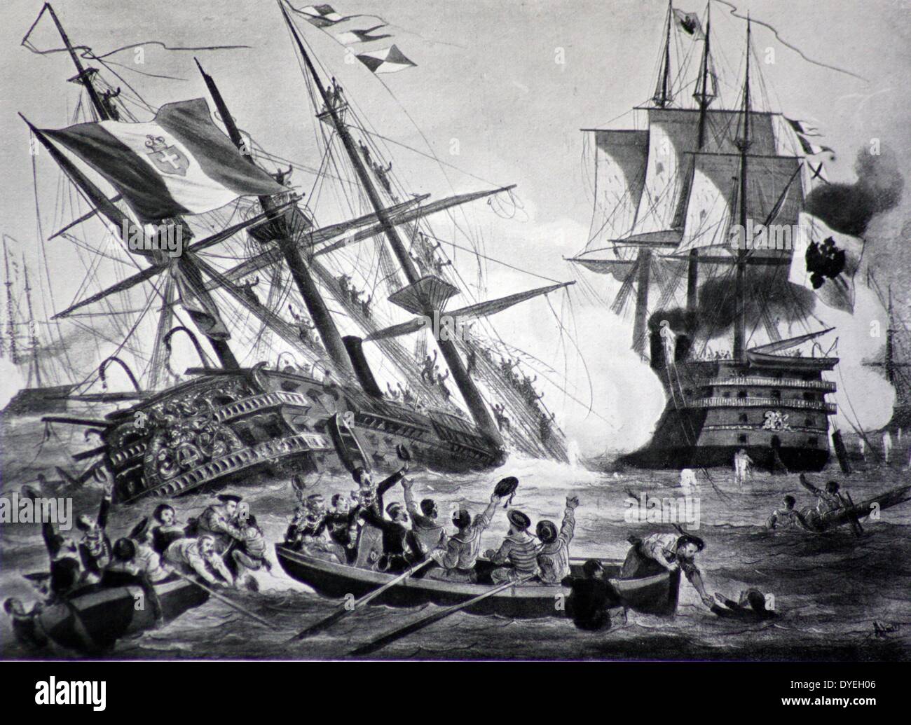 La bataille de Lissa, juillet 1866. La chambre de tir les Autrichiens à Lissa et l'usage mortel qu'ils ont pris de la ram, a attiré l'attention du monde entier sur la première action entre les flottes de haute mer moderne. Banque D'Images