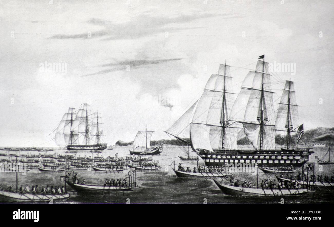 Les navires américains 'Columbus' et 'Vincennes' laissant Jedo Bay, le 29 juillet 1846. En ouvrant les ports japonais au commerce la Marine américaine a rendu un grand service au monde entier. Banque D'Images