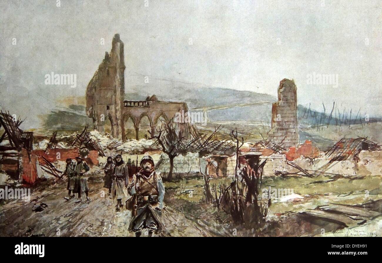 La Seconde Guerre mondiale 1 - l'église de Ablain-Saint-Nazaire est en ruine comme soldats français à proximité de mars. 1915. Banque D'Images