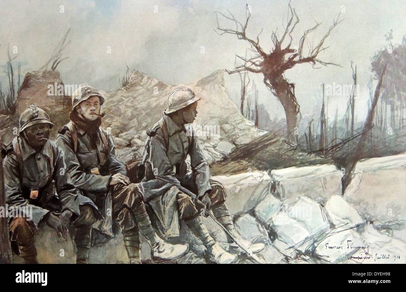 La Seconde Guerre mondiale 1 - Les ruines de l'église de Dompierre dans le Nord de la France pendant une pause dans la bataille. Ce tableau de François Flameng représente deux soldats assis aux côtés de l'Afrique française un soldat français blanc, 1916. Banque D'Images La Seconde Guerre mondiale 1 - Les ruines de l'église de Dompierre dans le Nord de la France pendant une pause dans la bataille. Ce tableau de François Flameng représente deux soldats assis aux côtés de l'Afrique française un soldat français blanc, 1916. Banque D'Images