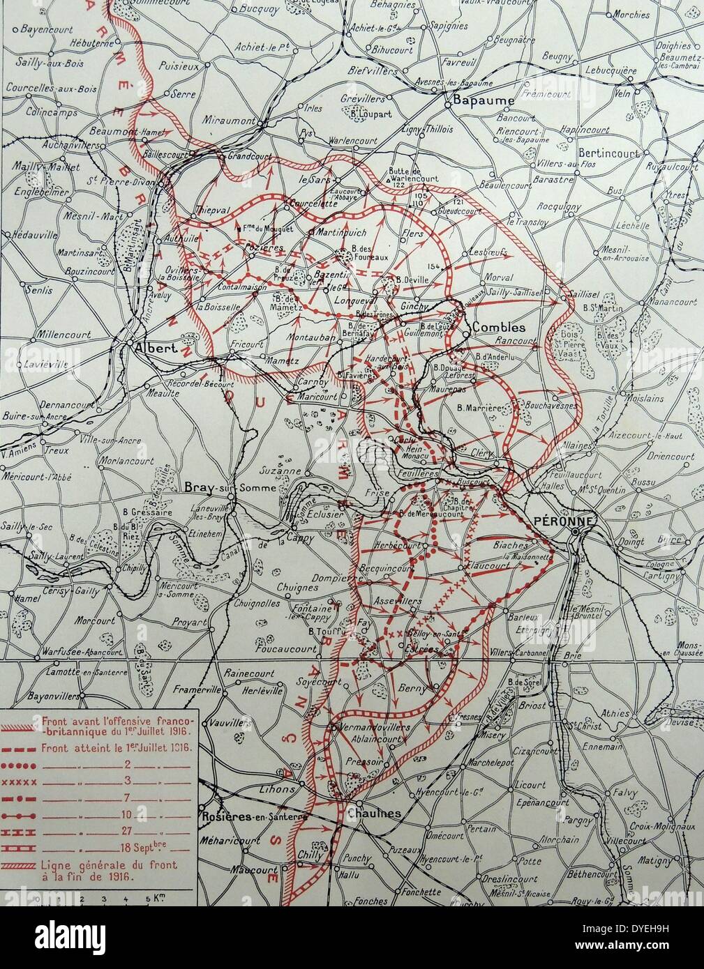 World War 1 - Le Théâtre de l'offensive de la Somme. Carte indiquant les progrès et le développement de la bataille de la somme de juillet à octobre 1916. Banque D'Images