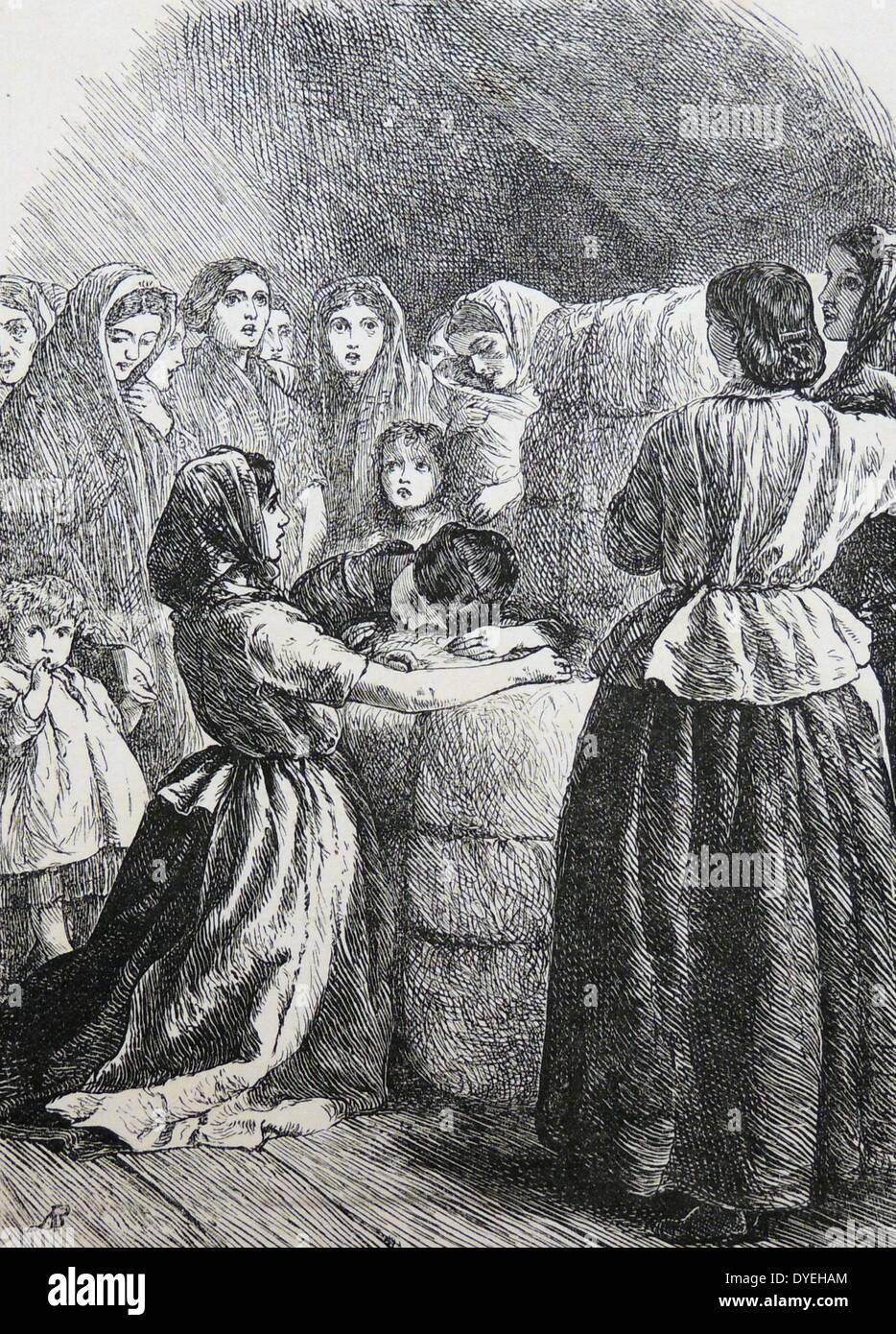 La famine de coton du Lancashire, Grande-Bretagne, 1864, en raison de blocus des ports du sud pendant la guerre civile américaine. Les femmes sans travail coopératives usine accueillant une livraison de balles de coton qui va leur permettre de travailler à nouveau. Gravure, 1864. Banque D'Images