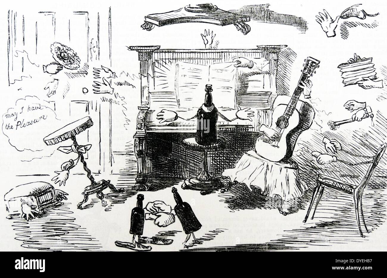 Dessin animé sur l'engouement pour les séances et le tableau de tourner quand le médium Daniel Douglas Home pratiquait à Londres. Dans ''punch'', Londres, 1860. Banque D'Images