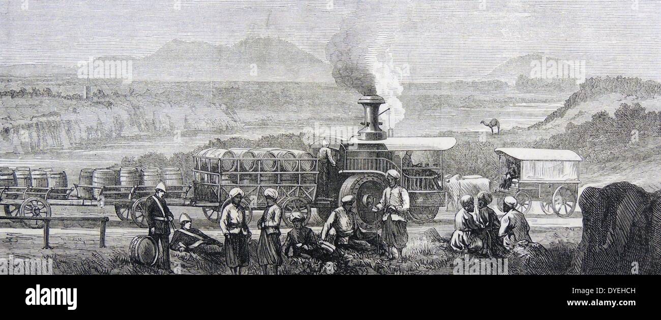 Moteur de traction à vapeur tirant un train de wagons sur la Grand Trunk Road près de Lawrencepore, Inde. Gravure sur bois, Londres, 1873. Banque D'Images
