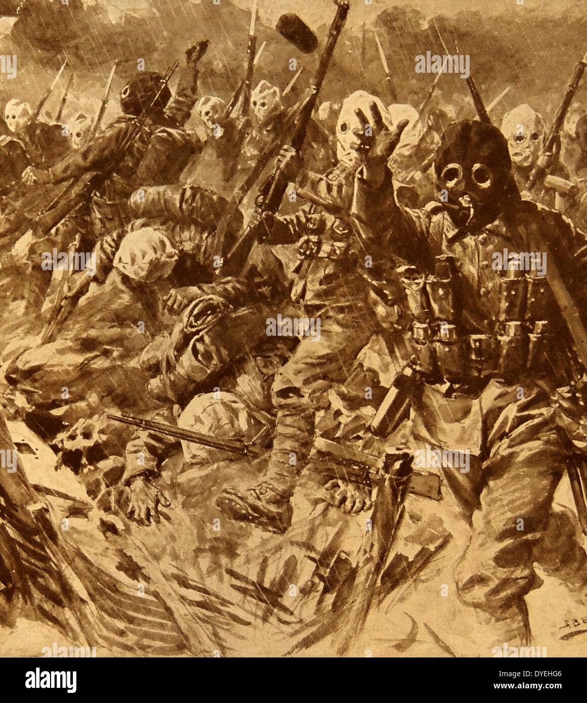 Les troupes britanniques à l'avance sur l'Allemand soldats africains au cours de la bataille de Loos Banque D'Images