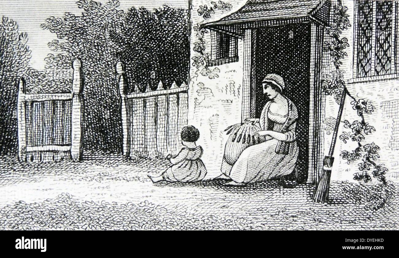 Une séance de chalet par sa porte en dentelle, Buckinghamshire, l'un des principaux comtés pour faire de la dentelle à l'Angleterre. La gravure, Ongar, 1823. Banque D'Images