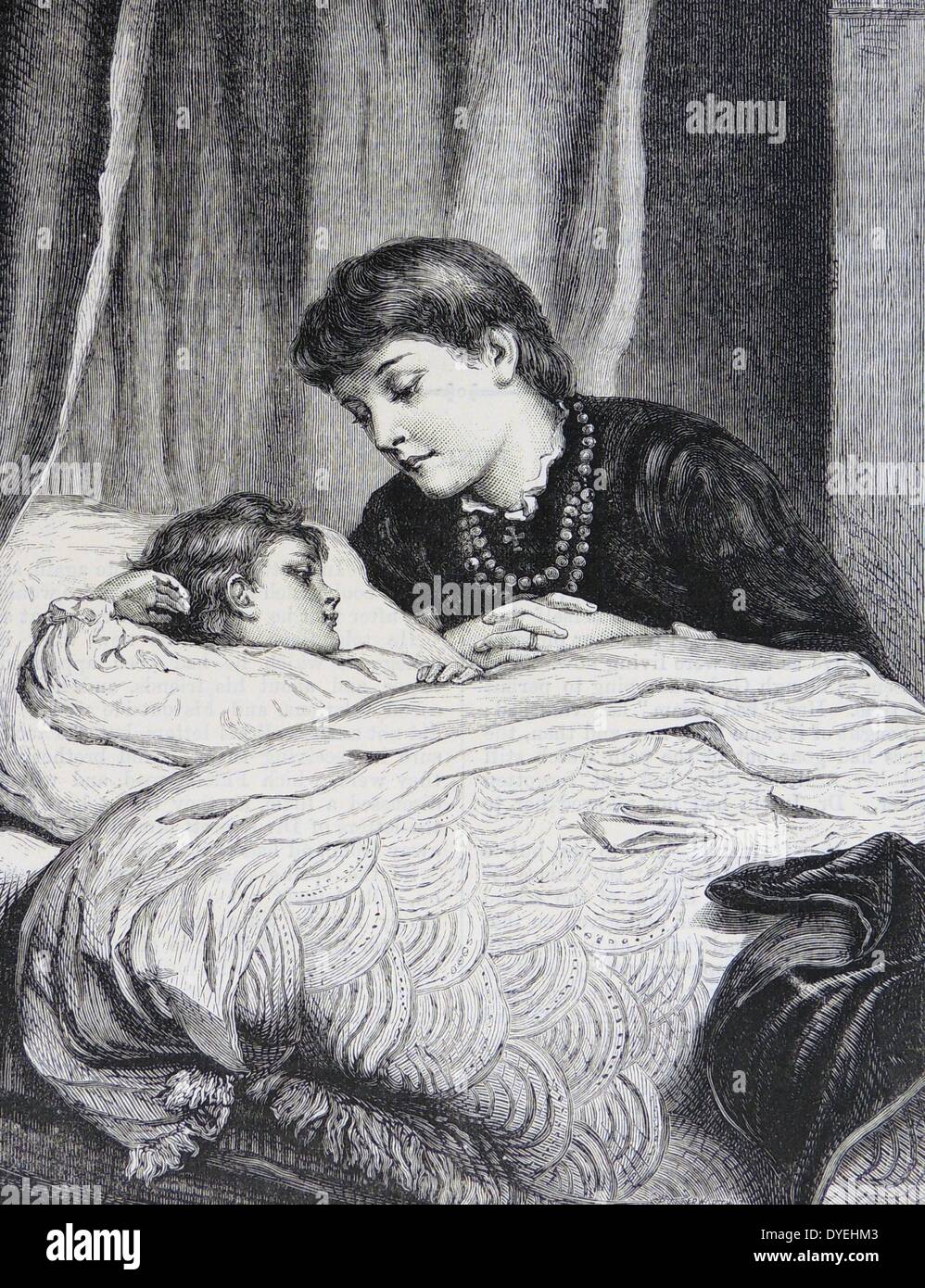 Mother's Darling' - gravure après la peinture de Joseph Clark (1834-1926) publié à Londres, 1886. Mère dire bonne nuit à son enfant. Courtepointe Shell est sur le lit. Banque D'Images