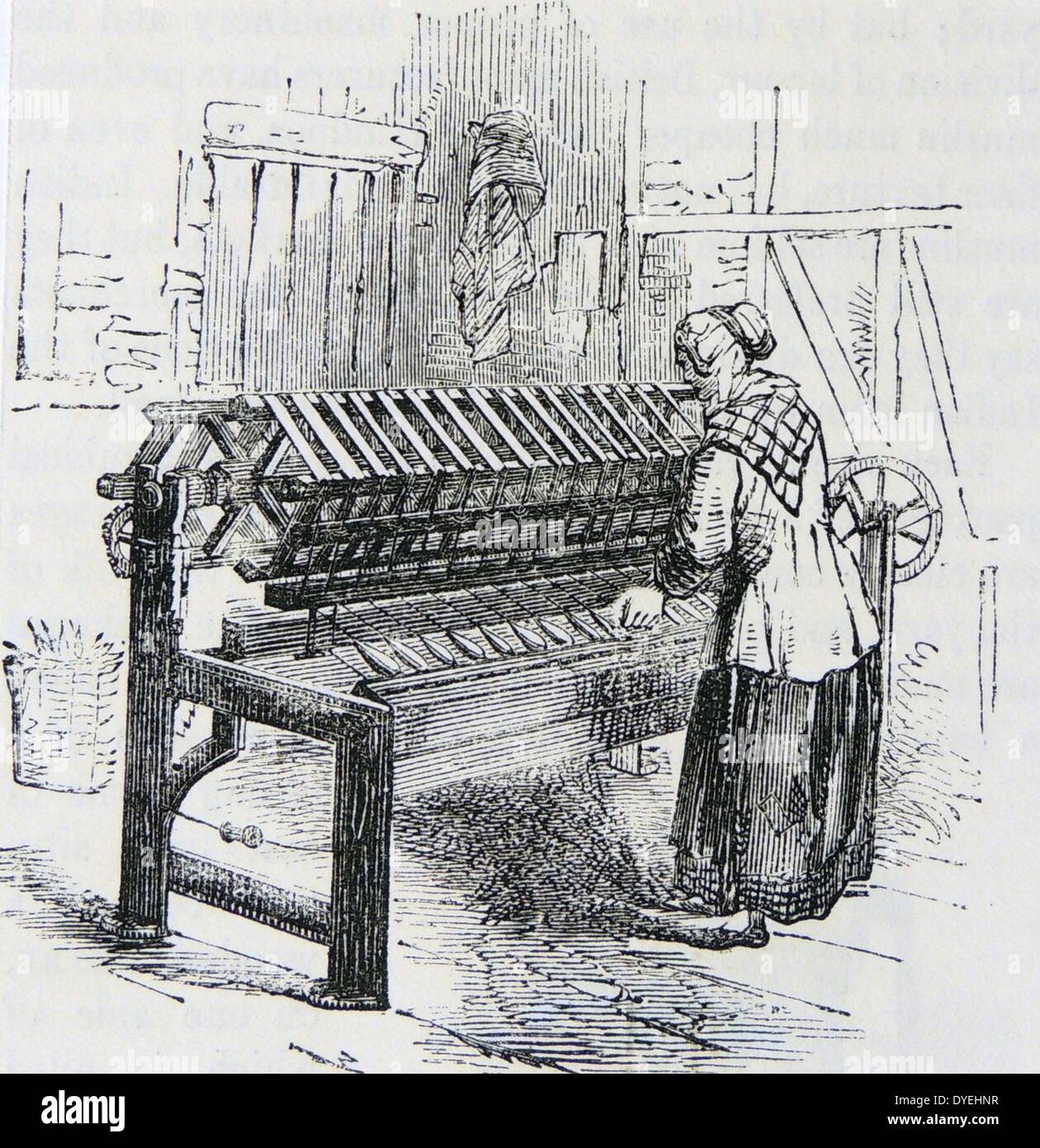 Pour le bobinage du rabatteur et le dépouillement des écheveaux de fil de coton. La gravure, Londres, 1866. Banque D'Images