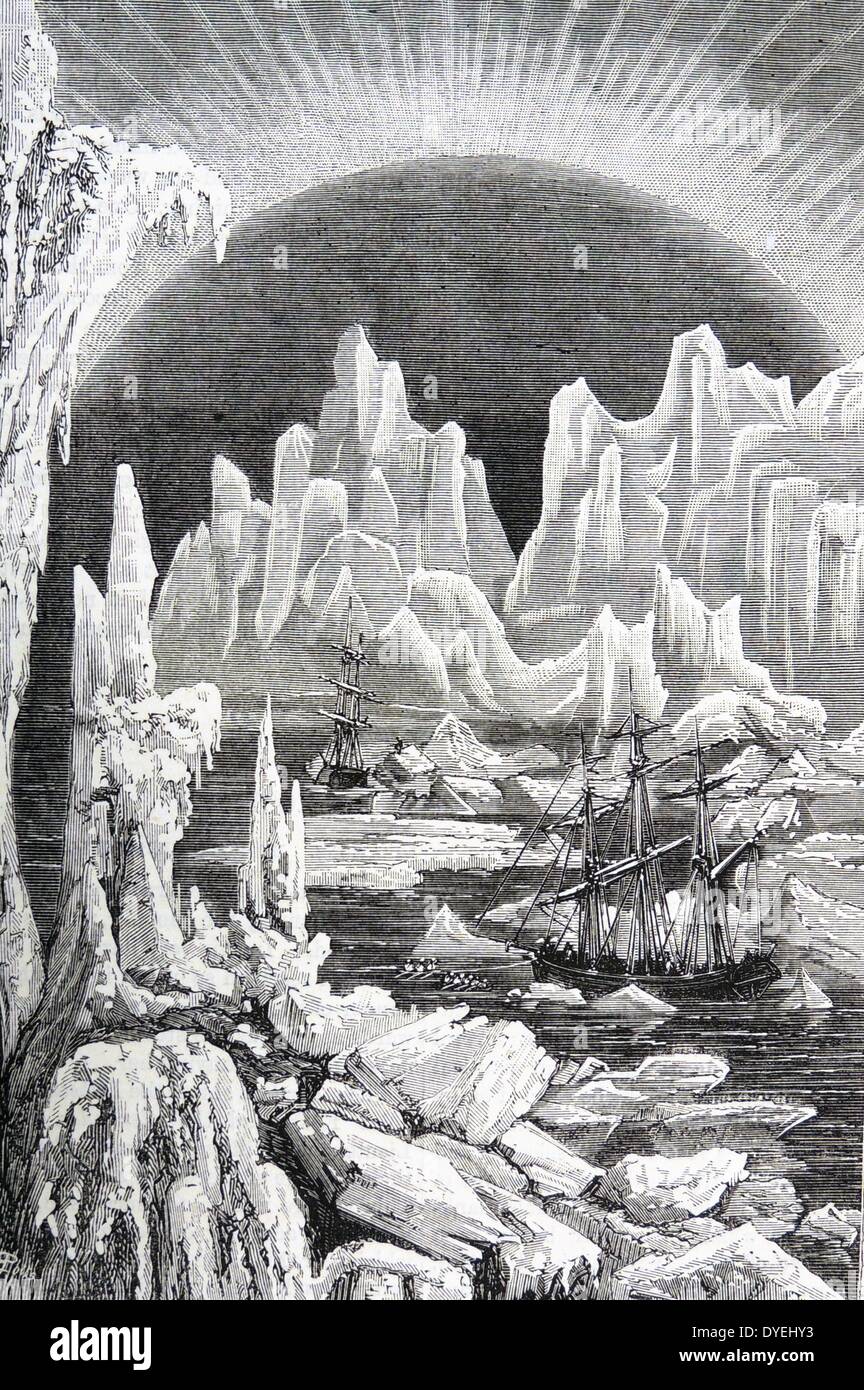 Expédition Coppermine 1819-1822, Canada, dirigé par l'officier de marine britannique John Franklin. Le HMS 'Dorothea' et 'HMS Trent' parmi les voile de glace au nord de Spitzberg. La gravure, London, c1870. Banque D'Images