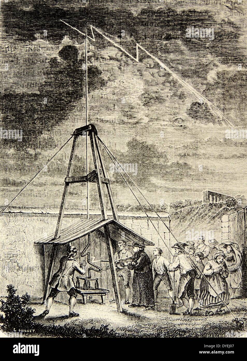Thomas Dalibard (1803-1779) botaniste français, ce qui démontre la nature électrique de la foudre 10 mai 1752, Franklin's kite expérience précédente. Toutefois, il a été demandé que les écrits de Franklin Dalibard's experiment. La gravure, Paris, 1870. Banque D'Images