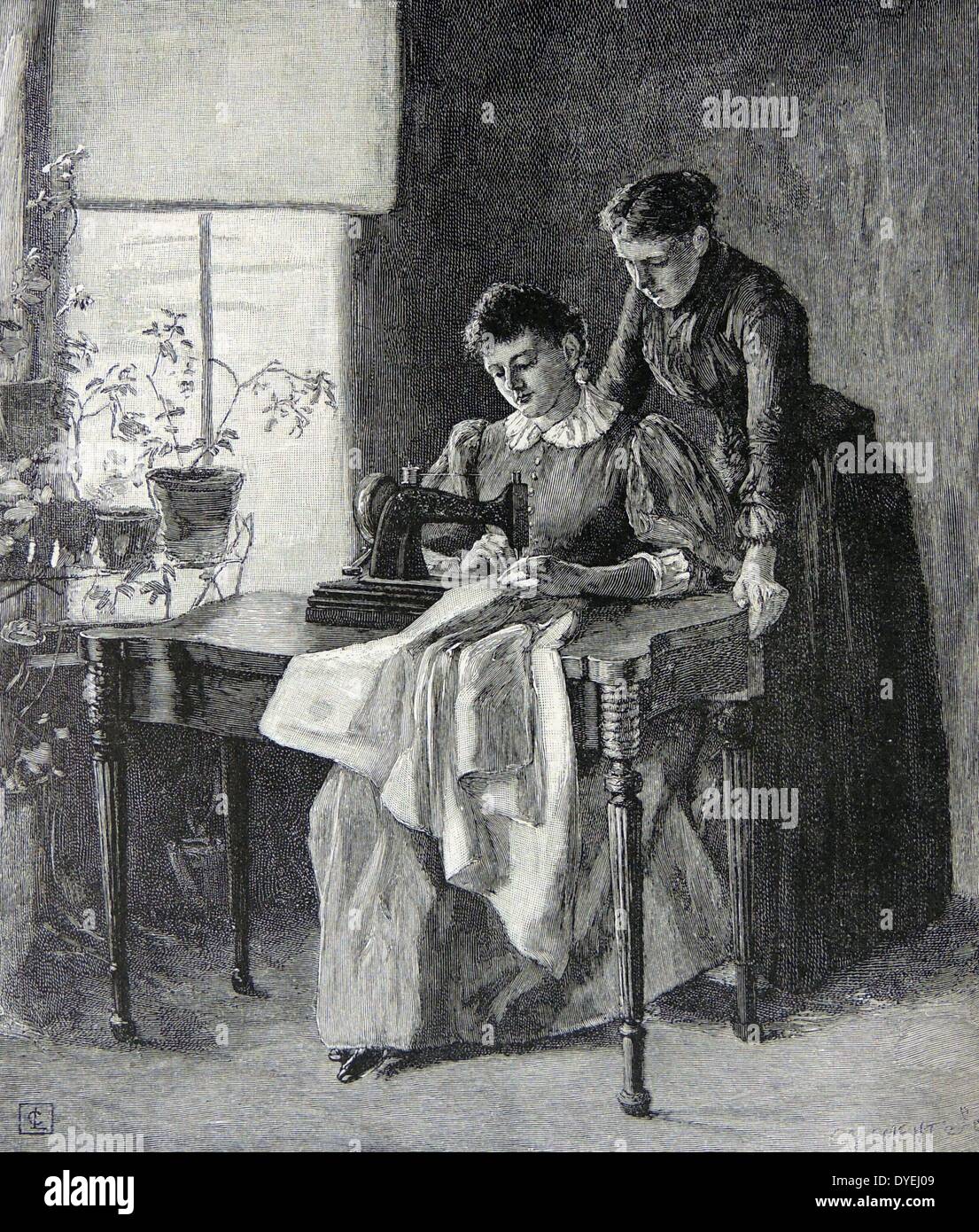 Femme à l'aide d'une machine à coudre électrique. La gravure, New York, 1890. Banque D'Images