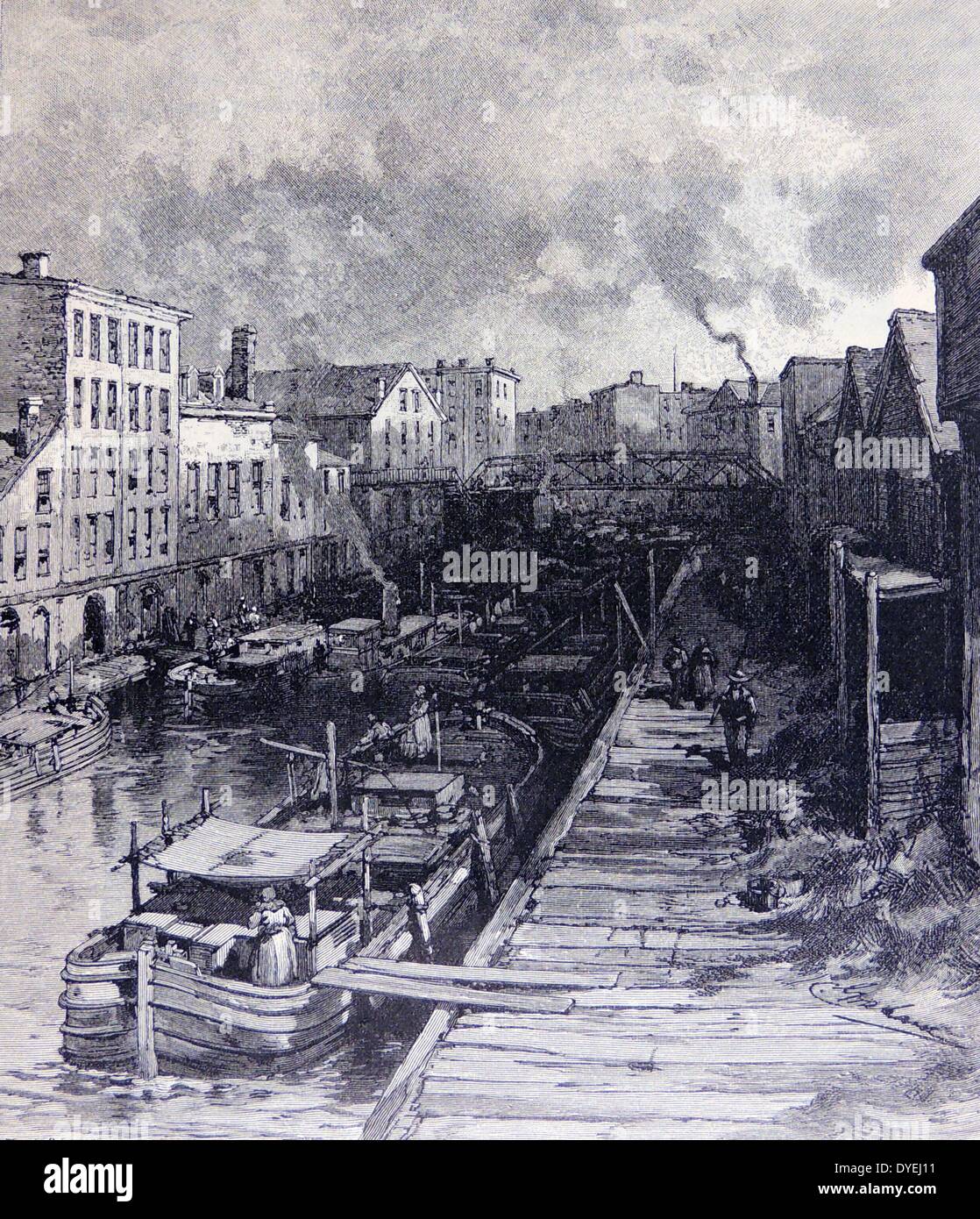 Péniche amarrée sur le canal Érié à Buffalo, USA. Le canal Érié a été ouverte le 26 octobre 1825. La gravure, New York, 1885. Banque D'Images