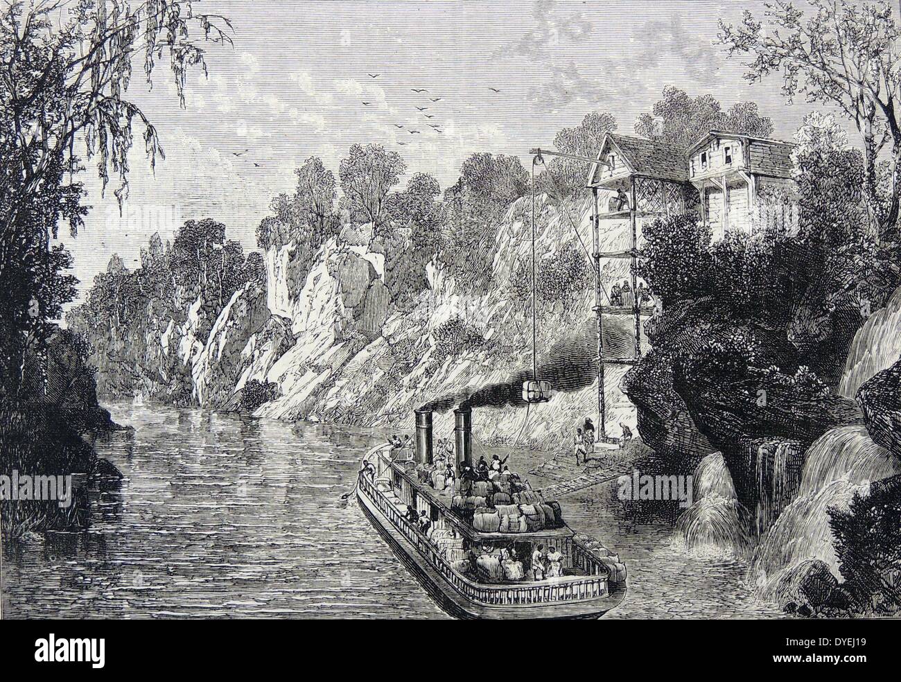 Chargement de balles de coton sur un bateau à vapeur sur le fleuve Mississippi, USA. La gravure, Londres, 1880. Banque D'Images