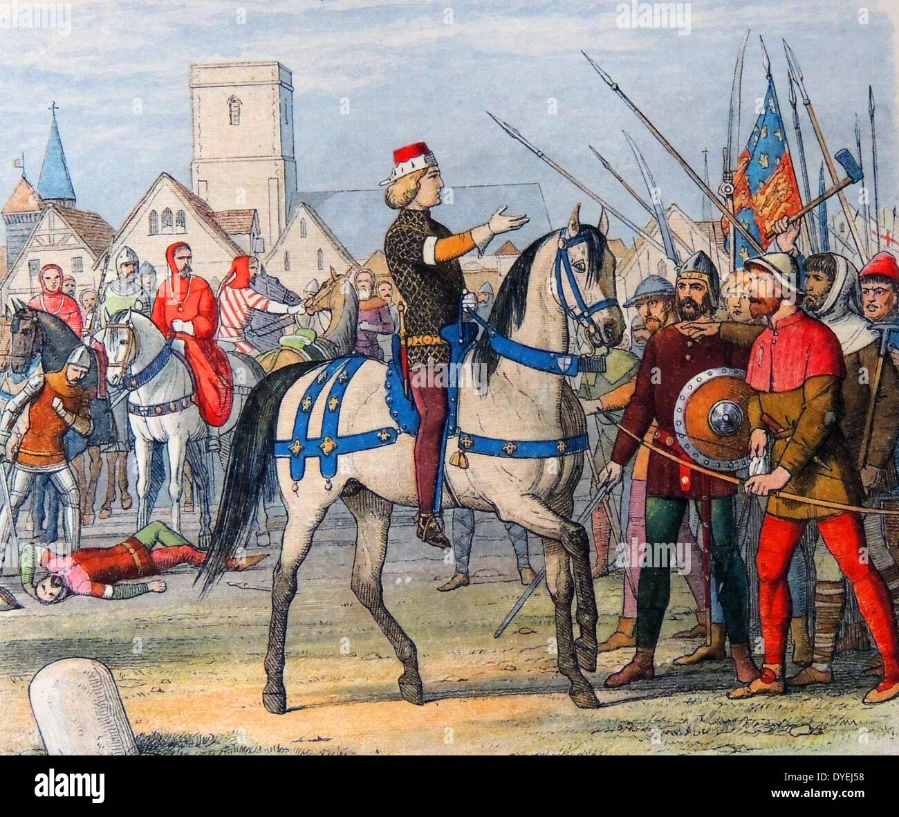 Le roi Richard II d'Angleterre 1381, assume le commandement des rebelles dans la révolte des paysans. Banque D'Images