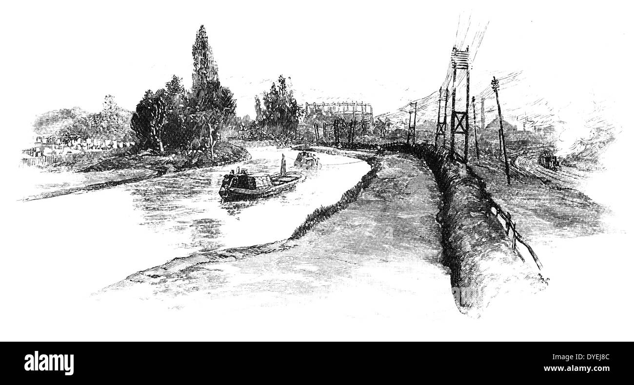 Regent's Canal, Londres : péniche tirée par des chevaux en passant par Kensal Green. La gravure, Londres, 1885. Banque D'Images