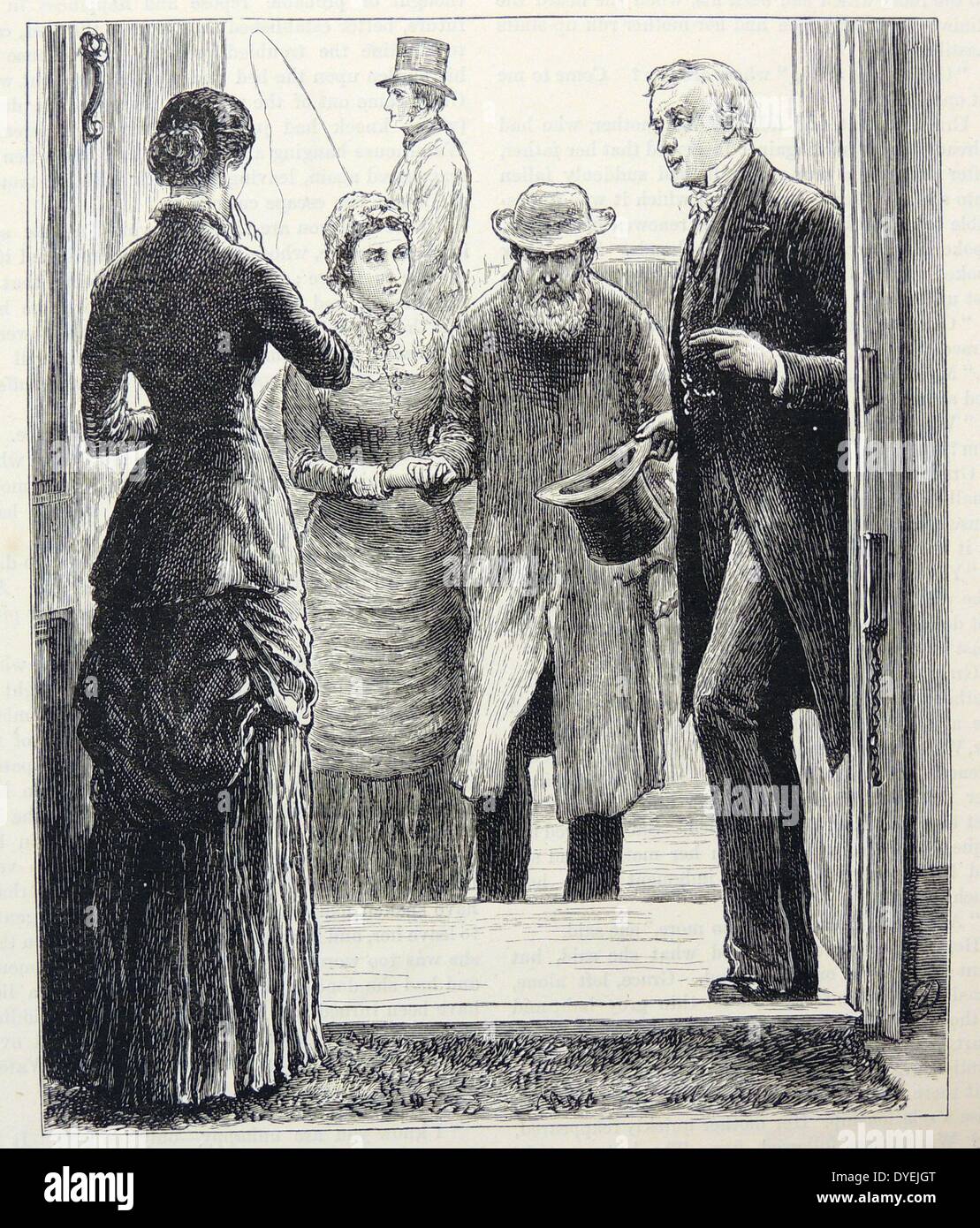 Vieil homme étant rapatriés d'un asile pour mourir. Sa fille, femme, et médecin sont avec lui. Illustration par Frank Dadd, Londres, 1883. Banque D'Images