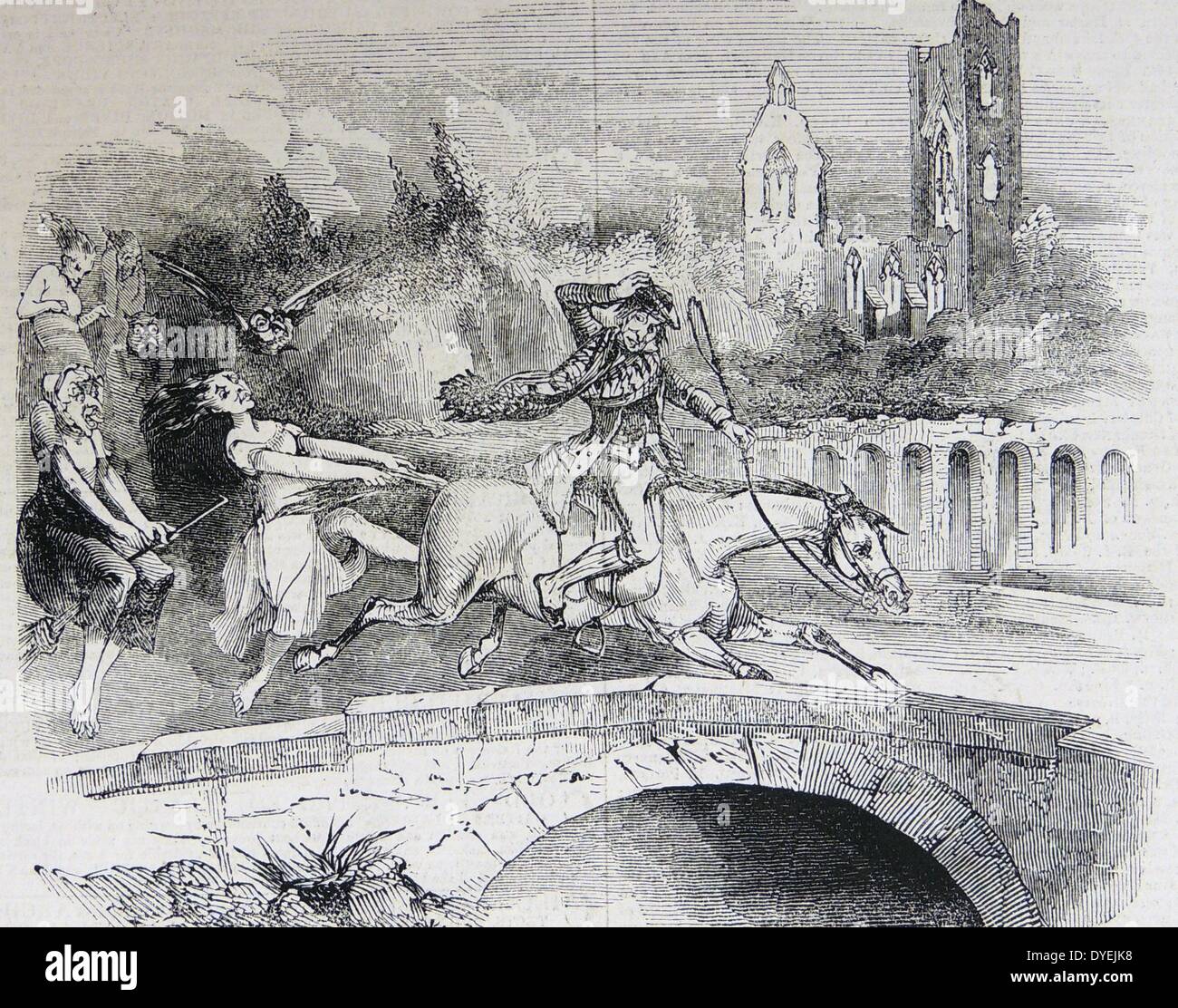 Chasse sorcières Tam 0'Shanter et sa jument, Meg, perdre sa queue comme ils se précipitent à la sécurité dans le Brig o'doon. Illustration pour le poème narratif ''Tam 0'hanter'' par Robert Burns d'abord publié 1791. Banque D'Images
